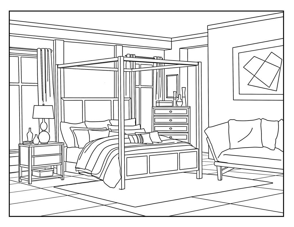 Picture of: Bedroom (Around the House), Coloring Pages for Adults,  Printable Coloring  Page, Instant Download PDF